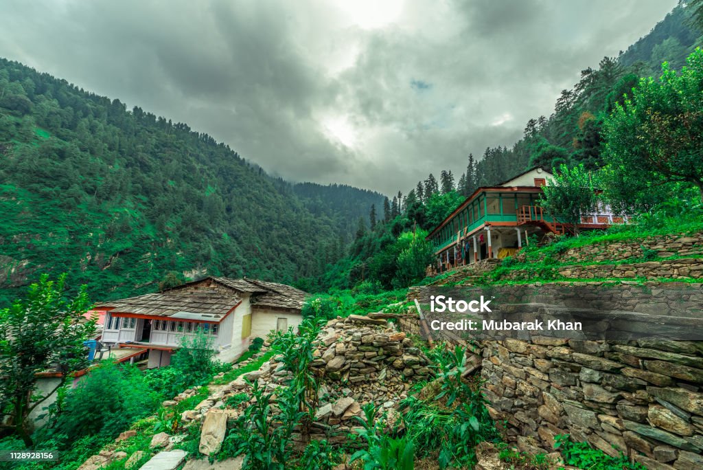 village of wodden house in himalayas, himachal pradesh, india